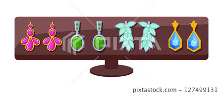 Earrings on jewelry stand. Precious gemstones and beads earrings, glamorous jewelry flat vector illustration. Cartoon jewelry on white background Earrings on jewelry stand. Precious gemstones and beads earrings, glamorous jewelry flat vector illustration. Cartoon jewelry on white background 127499131
