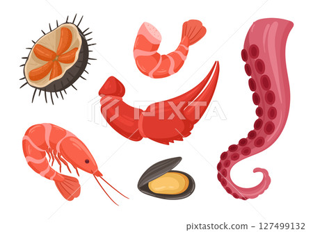 Fresh sea food. Cartoon oyster, shellfish and mussels, mediterranean diet flat vector illustration set. Tasty seafood menu 127499132
