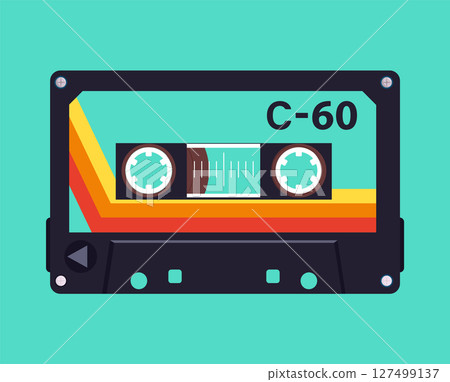 Retro music cassette poster. Audio tape backdrop, pop music album tape design flat vector background illustration. Cartoon old school music audio tape 127499137