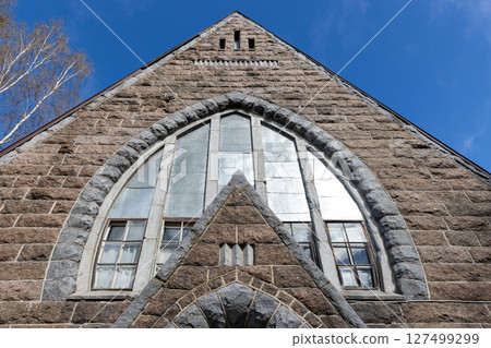 Facade of Church in Primorsk under blue sky, originally a Finnish Lutheran church 127499299