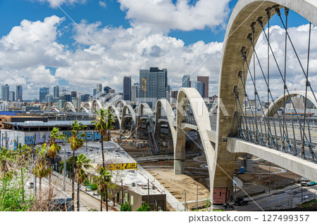 Downtown Los Angeles, USA: Cityscape and beautiful bridges 127499357