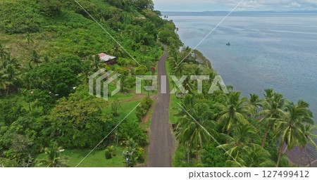 Breathtaking aerial view capturing a winding road through lush tropical vegetation, leading to tranquil blue ocean waters with a small boat sailing in the distance. Amazing nature travel landscape 127499412