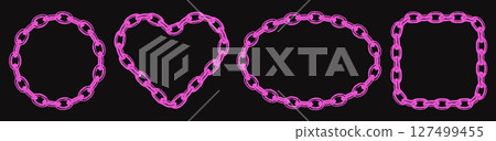 Distressed pink metal chain frames set with retro photocopy effect. Monochrome borders with gritty stippling texture. Trendy elements for y2k emo collage design. Vector illustration 127499455