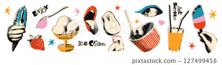 Ice cream halftone art collage cut outs set. Paper clipping shapes, summer dessert stickers with vintage dot texture and doodles. Modern retro grunge vector illustration for mixed media design 127499458