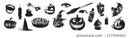 Trendy halftone stipple effect Halloween elements set. Mouth, eyes, pumpkins, skull, witch hat, candles. Grunge punk grain gritty texture for collage design. Modern retro 100% vector dots texture 127499462