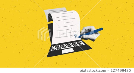 Digital electronic signature concept art collage banner template. Cutout halftone hand signing business contract or document on laptop computer screen. Modern retro mixed media vector illustration Digital electronic signature concept art collage banner template. Cutout halftone hand signing business contract or document on laptop computer screen. Modern retro mixed media vector illustration 127499480