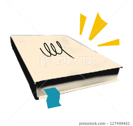 Closed book with bookmark halftone art collage cut out element. Paper clipping shape with vintage dotted texture and doodles. Modern retro vector illustration for mixed media design Closed book with bookmark halftone art collage cut out element. Paper clipping shape with vintage dotted texture and doodles. Modern retro vector illustration for mixed media design 127499481