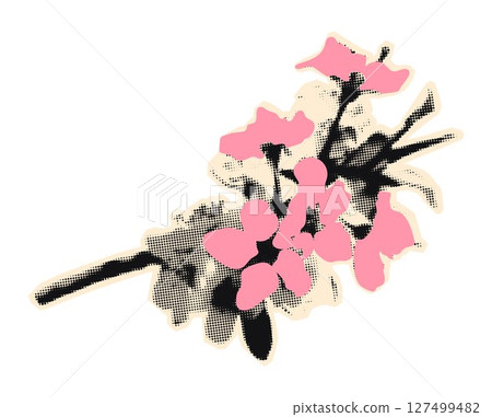 Cherry blossom halftone collage element. Floral sticker with vintage dotted texture and doodles Modern retro sakura branch vector illustration for mixed media design isolated on transparent background Cherry blossom halftone collage element. Floral sticker with vintage dotted texture and doodles Modern retro sakura branch vector illustration for mixed media design isolated on transparent background 127499482