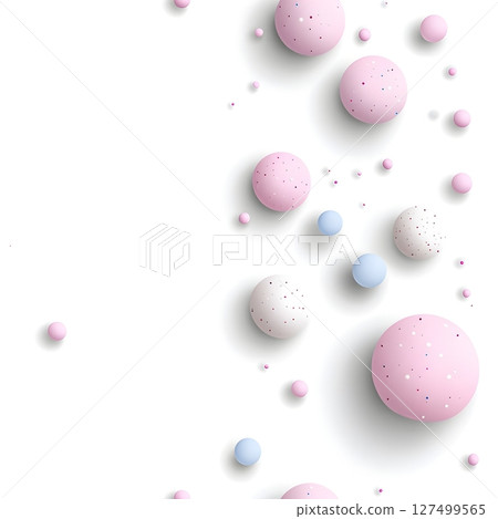 A minimalist 3D composition featuring floating spheres in soft pastel colors against a clean white background. The spheres vary in size and include pink and baby blue colors. 127499565