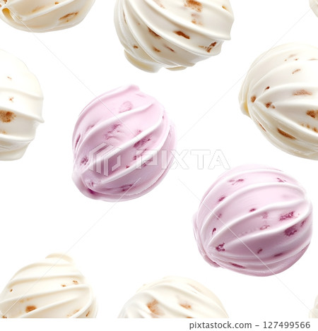 Artistically arranged marshmallow candy or meringue sweets on a pure white background. The confections feature elegant twisted designs with creamy white treats containing caramel or cinnamon speckles  127499566
