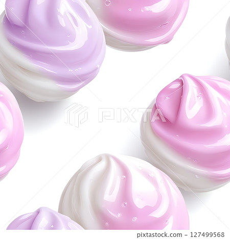 A visually appealing arrangement of soft-serve ice cream swirls in pastel shades of pink and lavender. The ice cream is glossy and smooth, creating an inviting look.  127499568