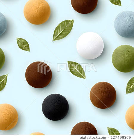 Seamless pattern illustration featuring an arrangement of textured spheres and green leaves. The spheres are depicted in various colors including brown, green, orange, blue, white, and black. 127499569