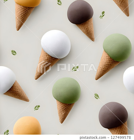 A seamless pattern illustration of ice cream cones with scoops in various natural colors: white, green, brown, and yellow. The cones are arranged diagonally on a light beige background. 127499578