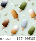 This illustration depicts a seamless pattern of various ice cream popsicles in a minimalist style. The popsicles feature rich colors such as deep brown, caramel, green, and pale blue. 127499585