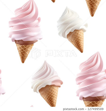 A seamless pattern of realistic 3D rendered ice cream cones featuring soft-serve vanilla and strawberry ice cream against a pure white background.  A seamless pattern of realistic 3D rendered ice cream cones featuring soft-serve vanilla and strawberry ice cream against a pure white background.  127499589