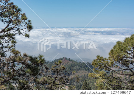 Mountain landscape. View of the clouds from the top of the mountain Mountain landscape. View of the clouds from the top of the mountain 127499647