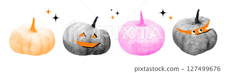 Pumpkins halftone collage elements set. Halloween grunge clip art, modern retro cutout shapes, funny Thanksgiving day symbol. Vector illustration isolated on transparent background Pumpkins halftone collage elements set. Halloween grunge clip art, modern retro cutout shapes, funny Thanksgiving day symbol. Vector illustration isolated on transparent background 127499676