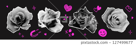 Roses halftone collage elements set with doodles. Floral mixed media design, vintage punk dotted Valentine day stickers, hand drawn hearts and squiggles. Y2K aesthetic vector illustration 127499677