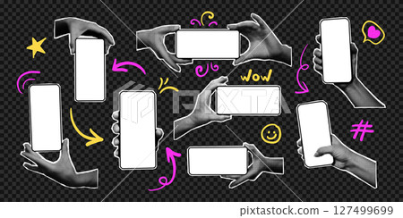 Set of halftone hands holding smartphones with blank screens. isolated cut out shapes, modern retro collage elements with hand gestures and doodles, phone mock up templates. Vector illustration 127499699