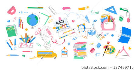 School supplies and stationery collection. Backpack and pencil case, stack of books, writing tools set. Education, back to school concept. Ideal for stickers. Vector illustration 127499713