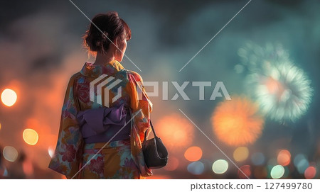 看煙花的yukata的一名婦女 看煙花的yukata的一名婦女 127499780