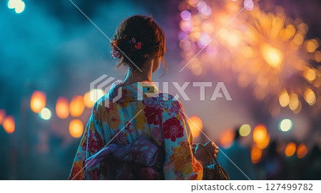 A woman in a yukata looking at fireworks 127499782