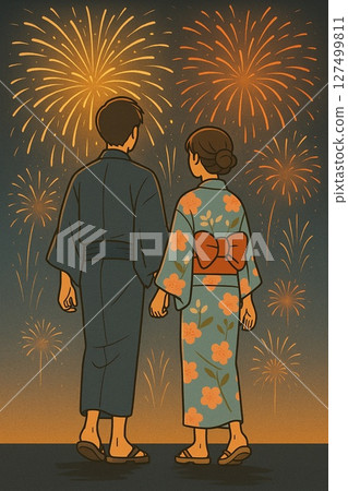 Back view of a couple in yukata watching fireworks Generative AI 127499811