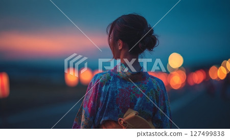 A woman in a yukata gazing at fireworks 127499838