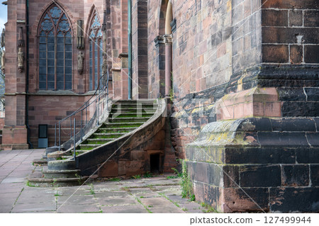 Stone old steps in ancient famous castle. Colorful fall landscape with stone stairs and architecture.  127499944
