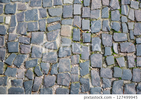 Grey brick wall background. Gray stone block surface with horizontal texture of gray brick.  127499945