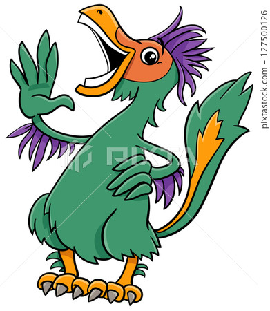 funny cartoon Caudipteryx or feathered dinosaur character laughing funny cartoon Caudipteryx or feathered dinosaur character laughing 127500126