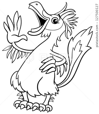 funny cartoon Caudipteryx dinosaur character laughing coloring page 127500127