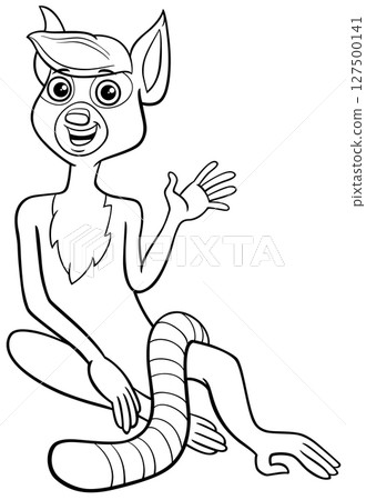 funny cartoon lemur animal character waving its paw coloring page 127500141