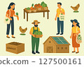 Sustainable Farm Market Set Flat Vector Elements of Eco Farm, Farmers, Compost, Chickens, and Organic Produce 127500161