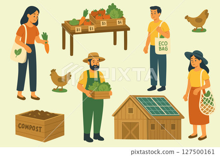 Sustainable Farm Market Set Flat Vector Elements of Eco Farm, Farmers, Compost, Chickens, and Organic Produce 127500161