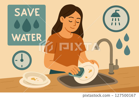 Eco Friendly Kitchen Habit Save Water While Doing Dishes. Girl washing dishes without water. 127500167