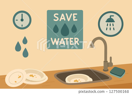 Eco Friendly Kitchen Habit Save Water While Doing Dishes.  127500168