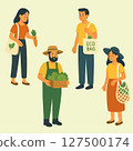 Zero Waste Farmers Market Flat Vector Illustration of People with Reusable Eco Bags Buying Local Organic Vegetables 127500174