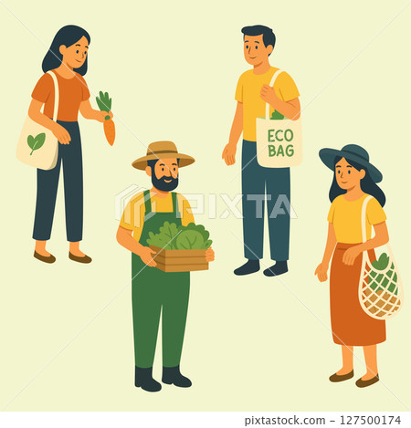 Zero Waste Farmers Market Flat Vector Illustration of People with Reusable Eco Bags Buying Local Organic Vegetables Zero Waste Farmers Market Flat Vector Illustration of People with Reusable Eco Bags Buying Local Organic Vegetables 127500174