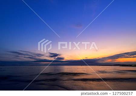 Magic hour scenery at Morito Beach, enveloped in silence. Kanagawa Prefecture, Shonan, Hayama Town. Magic hour scenery at Morito Beach, enveloped in silence. Kanagawa Prefecture, Shonan, Hayama Town. 127500257