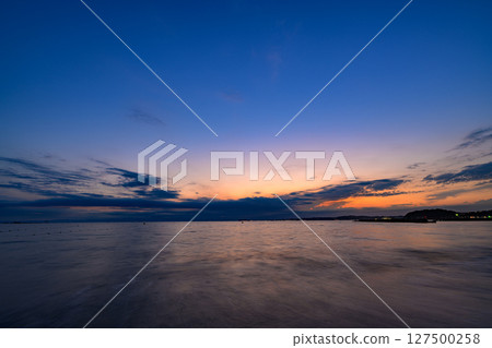 Magic hour scenery at Morito Beach, enveloped in silence. Kanagawa Prefecture, Shonan, Hayama Town. Magic hour scenery at Morito Beach, enveloped in silence. Kanagawa Prefecture, Shonan, Hayama Town. 127500258