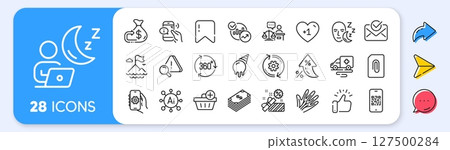 Attachment, Statistics and 360 degree line icons. Interest rate, AI generate, Inflation icons. Pack of Add purchase, Shift, Mountain flag icon. Vector Attachment, Statistics and 360 degree line icons. Interest rate, AI generate, Inflation icons. Pack of Add purchase, Shift, Mountain flag icon. Vector 127500284