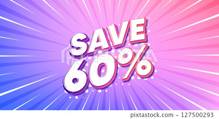 Discount sun rays gradient banner. Light burst background. Save 60 percent off tag. Sale Discount offer price sign. Special offer symbol. Gradient sun rays. Sunburst light. Vector 127500293