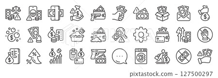 Money crime line icons. Settings gear, Message, Inflation icons. Fraud, Online thief and Steal cash set. Phishing robbery, launder money crime and tax offense line icons. Vector Money crime line icons. Settings gear, Message, Inflation icons. Fraud, Online thief and Steal cash set. Phishing robbery, launder money crime and tax offense line icons. Vector 127500297