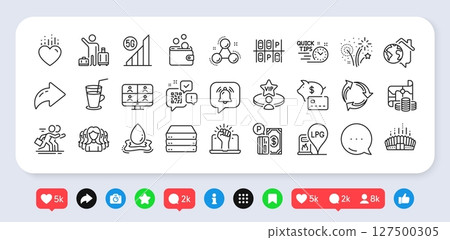 Airport transfer, Gas station and Arena stadium line icons pack. Social media: share, comment, like icons. Servers, Parking payment, Piggy bank web icon. Vector 127500305