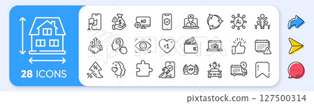 Deal, Recycle and Phone protection line icons. Interest rate, AI generate, Inflation icons. Pack of Notification, Bribe, Delivery icon. Eye detect, Auction, Heart pictogram. Vector Deal, Recycle and Phone protection line icons. Interest rate, AI generate, Inflation icons. Pack of Notification, Bribe, Delivery icon. Eye detect, Auction, Heart pictogram. Vector 127500314