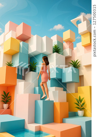 Woman climbing steps to the future Woman climbing steps to the future 127500315