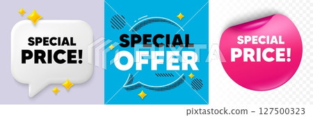 Special price speech bubble. 3d sparkles chat, Paper sticker. Special price tag. Sale sign. Advertising Discounts symbol. Special offer bubble. Halftone dots pattern. Vector 127500323