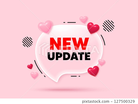 New update glass speech bubble. Social media concept. New update icon. Special offer sign. Important information available symbol. 3d hearts love speech bubble. Vector New update glass speech bubble. Social media concept. New update icon. Special offer sign. Important information available symbol. 3d hearts love speech bubble. Vector 127500329