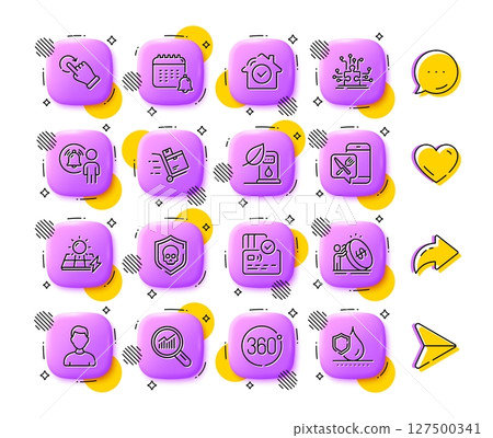 User notification, 360 degrees and Cyber attack line icons. App 3d buttons. Social media comment, share, like icons. Pack of Data analysis, Rotation gesture, Inventory cart icon. Vector 127500341